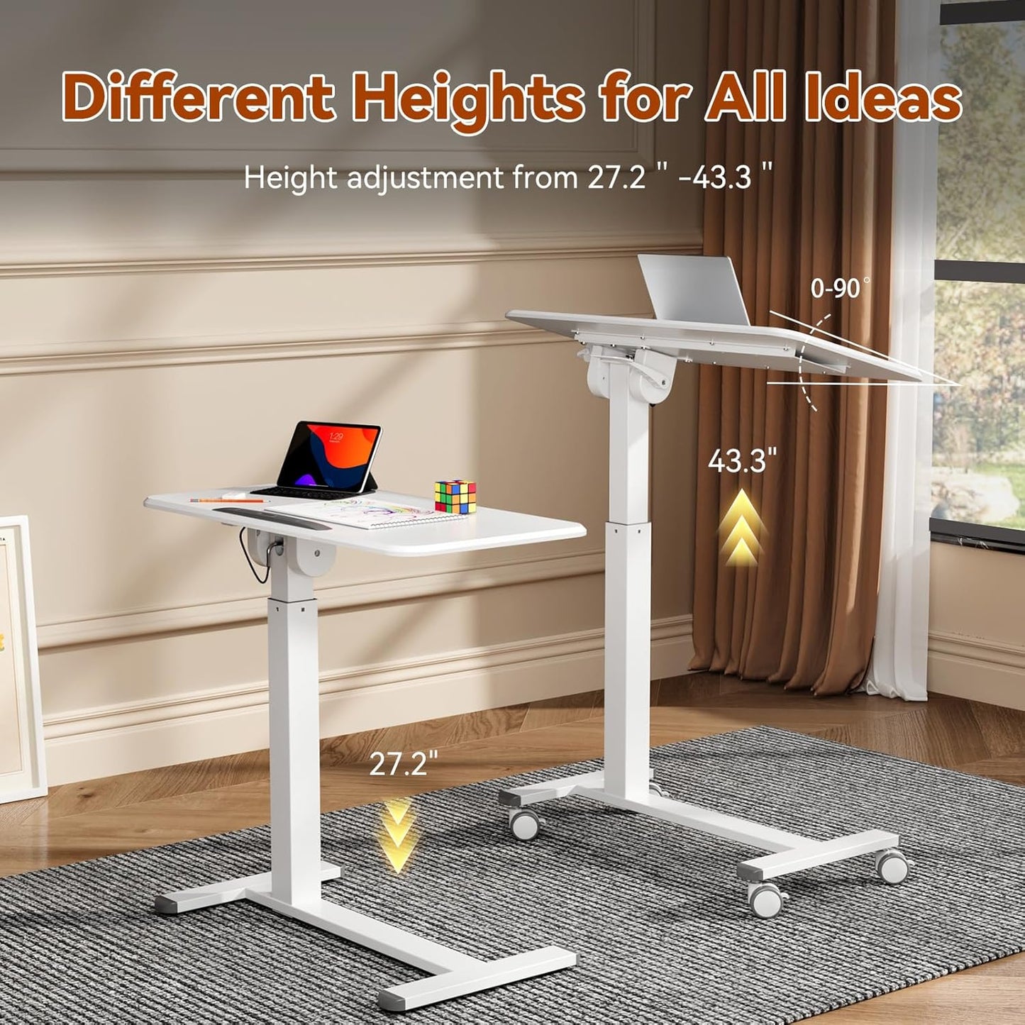 Mobile Standing Desk, Height Adjustable Left/Right Overbed Bedside Table, 90° Tiltable Portable Laptop Desk with Wheels, Foldable Computer Cart for Hospital Home Use, White