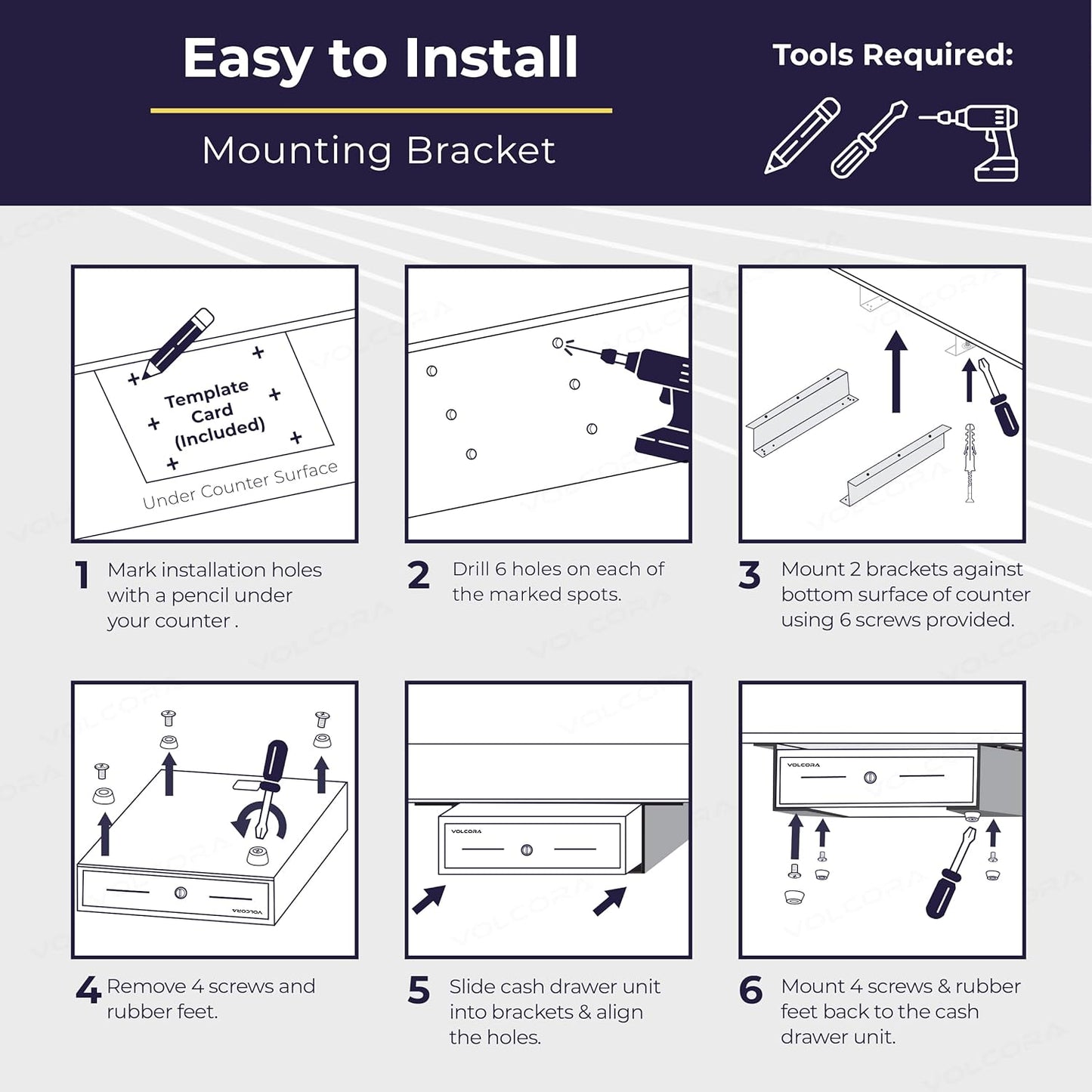 Volcora Cash Register Drawer with Under Counter Mounting Bracket - 16" Black Drawer for POS, 5 Bill 8 Coin Compartment, Fully Removable 2 Tier Cash Tray, 24V RJ11/RJ12 Key-Lock, Double Media Slot