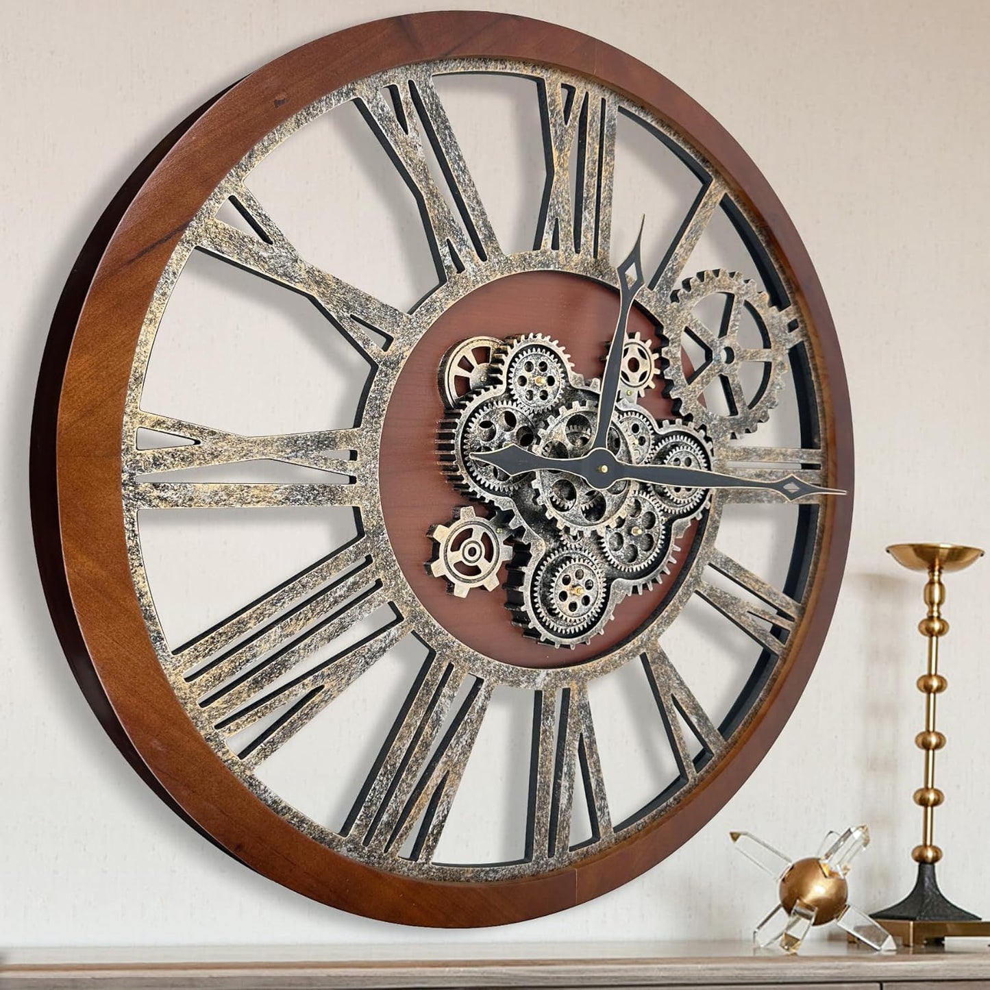 The B-Style Large Real Moving Gears Wall Clock 30 inch Rustic Retro Industrial Farmhouse Wood Clock Oversized Decorative Vintage Wall Clocks for Living Room (Walunt Wood and Bronze)