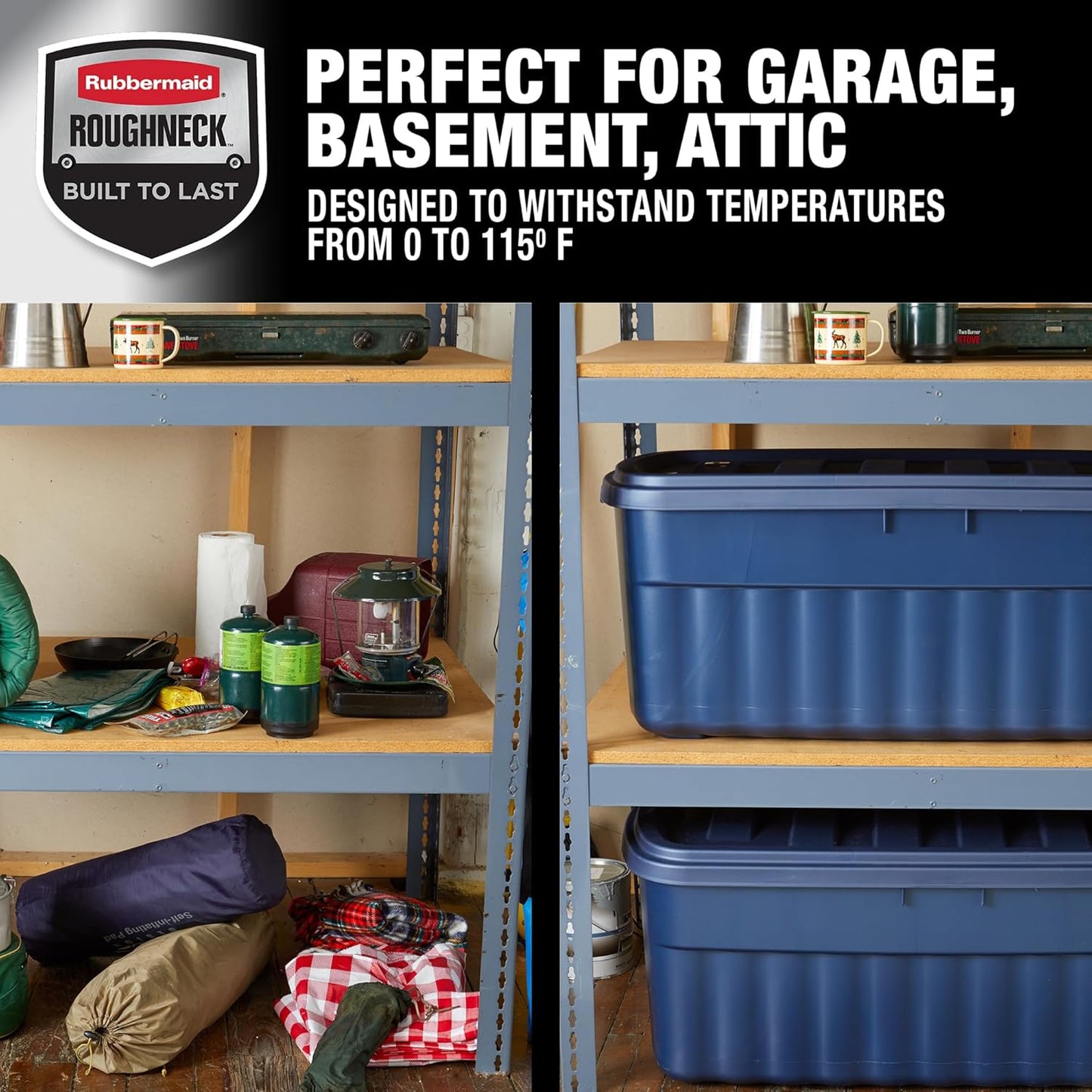 Rubbermaid Roughneck Tote 50 Gal, 2 Pack, Made in USA, Dark Indigo Metallic, Rugged Plastic Stackable Storage Bins with Lids and Handles