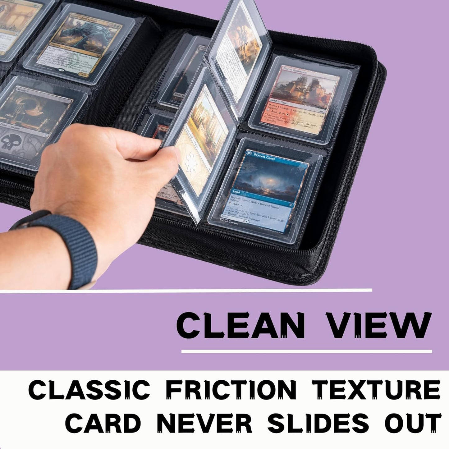 Toploader Binder, Holds 128+ Toploaders, 4 Pocket Top Loader Card Storage Case, Double-Sided Pockets for trading card in 3 x 4'' Toploaders (Light Purple)