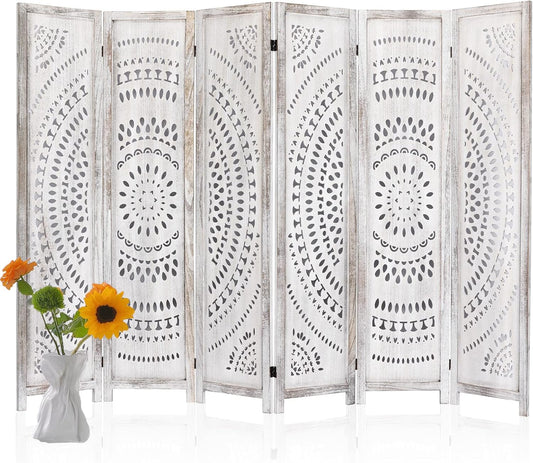 6 Panel Handcrafted Carved Room Divider Screen, 360° Adjustable Wood Folding Privacy Screens for Room Separation, 66.9 Inch Partition Room Dividers for Home Bedroom Office, White