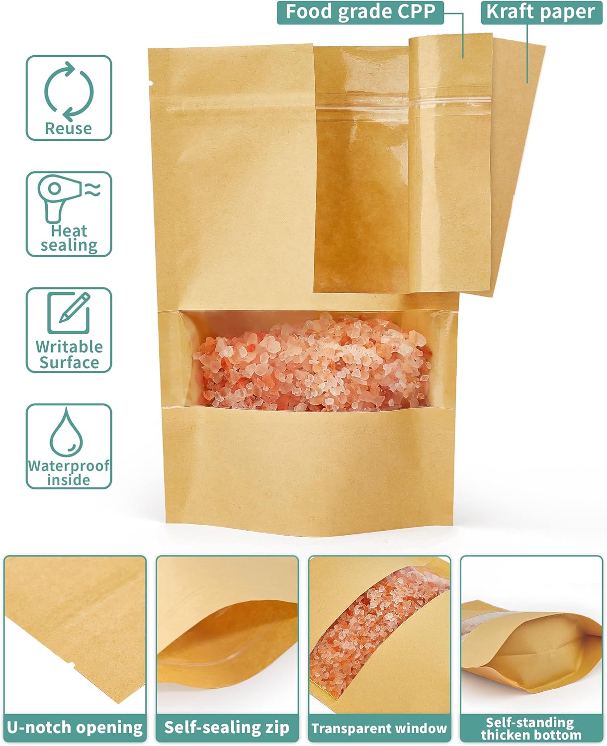 FireKylin 100 Pcs Brown Paper Bags with Window, 4.7" x 7.9" Stand Up Pouches, Zipper Food Storage Bags for Packaging Products, Reusable, Sealable