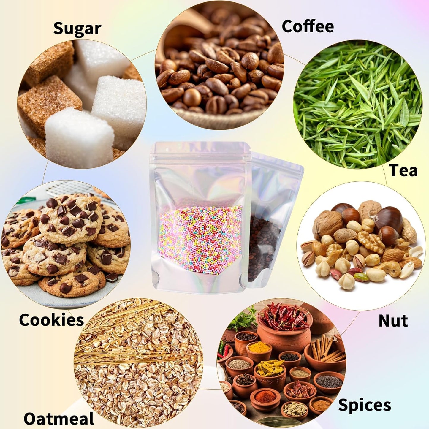 150 Pcs Mylar Bags for Food Storage, 6x9 Mylar Bag with Window Stand Up, Bulk Holographic Resealable Bags Smell Proof Bag Food Packaging for Small Business Freeze Dried Candy Jewelry Foil Packaging