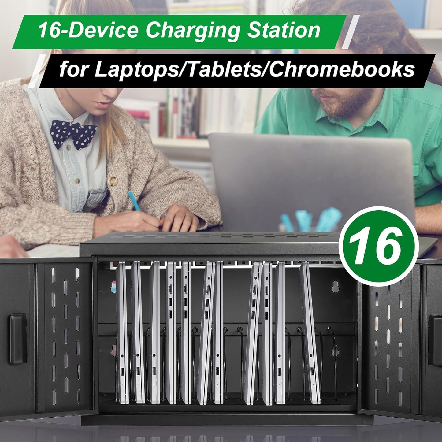 AQNIEGEP 16-Device Charging Station for Laptops/Tablets, Wall-Mount Charging Cabinet for Chromebooks/Laptop Computers, Laptop & Tablet Storage Carts for Classroom/Library/Office/Lockable, Black
