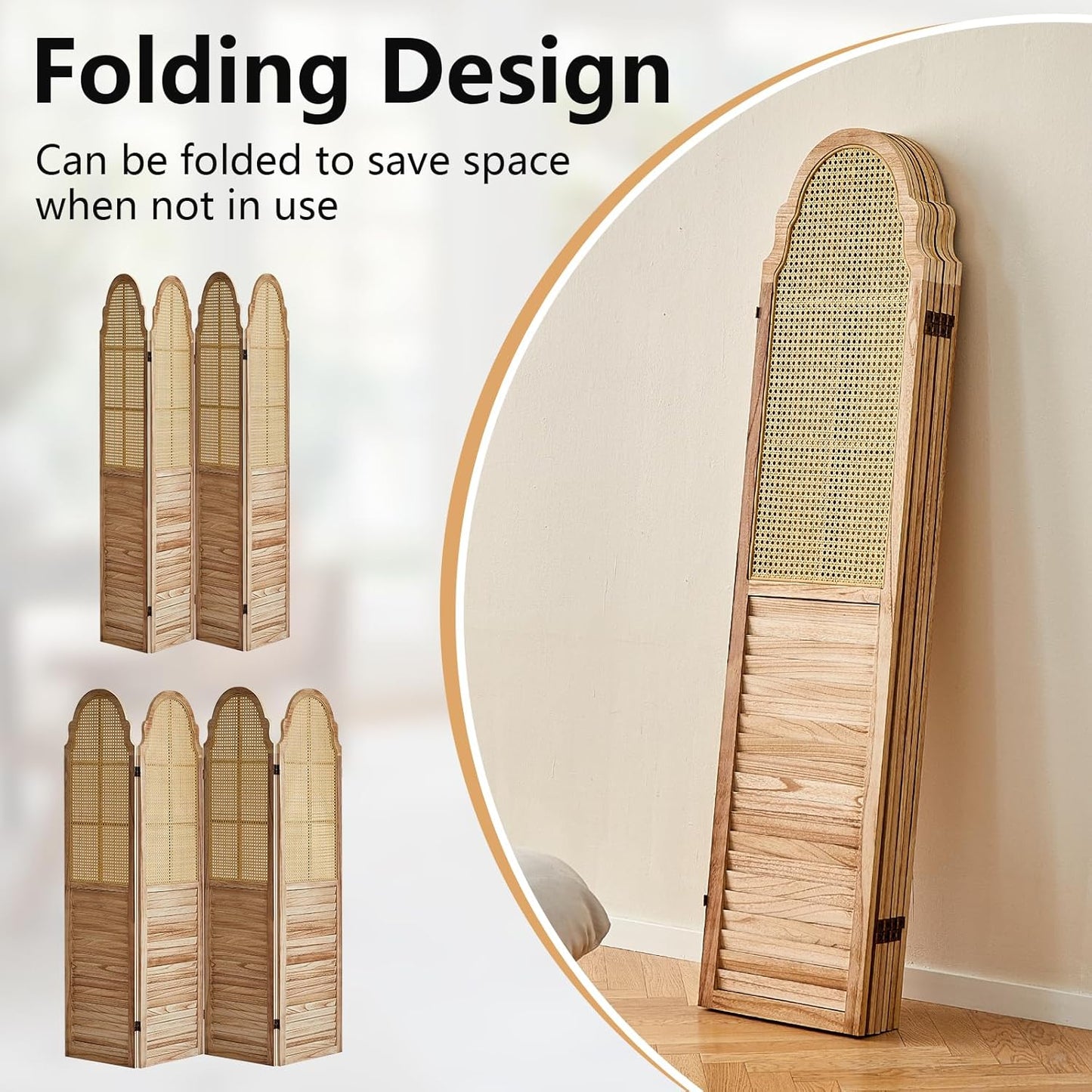 4 Panel Rattan Room Divider Panel, 5.6Ft Partitions and Dividers, Louvered Partition Divider, Room Dividers Screen, Solid Wood Frame, Folding Screen, Bedroom, Family Room, Light Brown