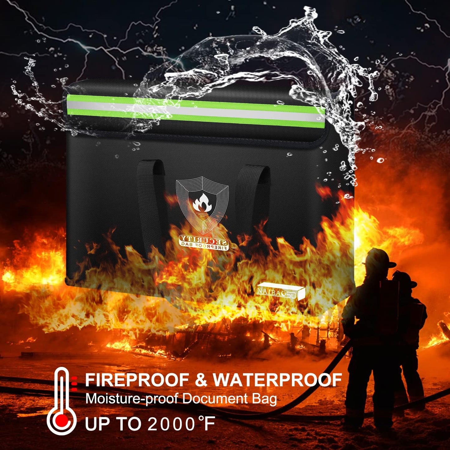 Fireproof Document & Money Bags, Large Fireproof Safe Bag Box (15.4 x 11.8x 5.2 inches) with Reflective Strip, Fireproof Document Box for Tablet,Valuables,Cash,Jewelry,Documents