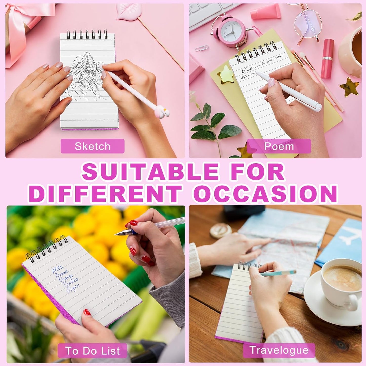 Tenceur 6 Pcs Pocket Notebook Bulk Small 3x5 Inch Spiral Notepads Mini Top Bound Notebook with Lined 120 Pages Ruled Memo Pads for Office College Nurse Essentials Back to School Gift (Glitter Hot Pink)