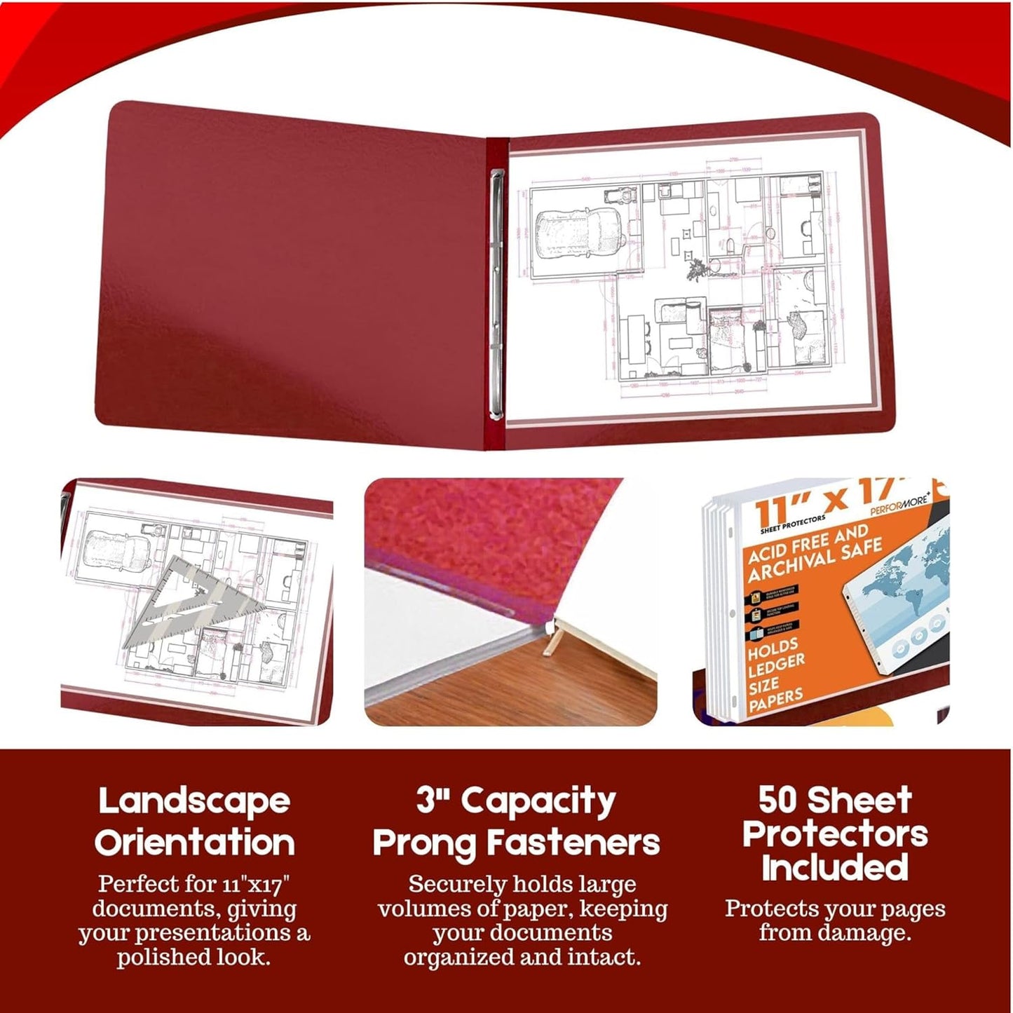 Performore 11x17 Landscape Presentation Binder Folders | Fiberboard Covers | 3-Inch Capacity | 50 Clear Sheet Protectors | Archival-Quality Document Storage | Pack of 10 (Red)
