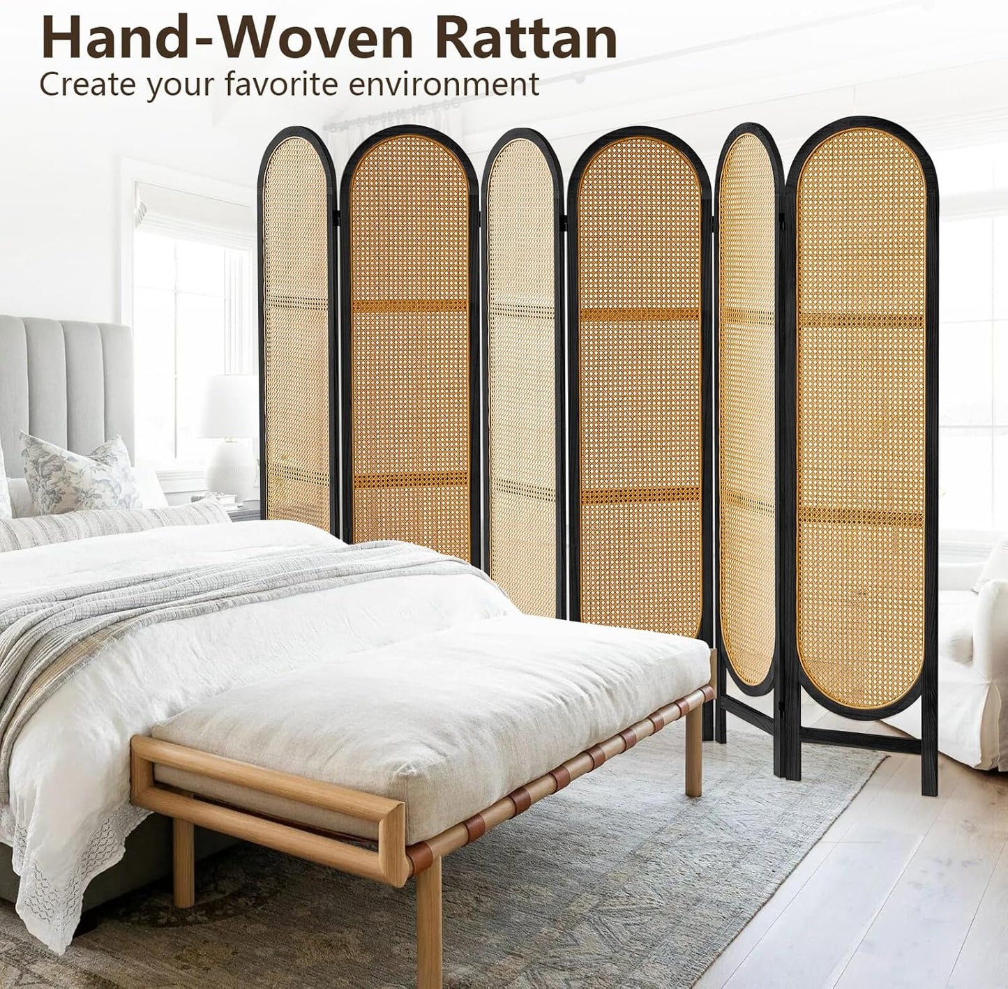6 Panels Room Dividers and Hand-Woven Rattan Room Divider Wall, Wood Room Divider Folding Privacy Screens for Home Office Bedroom, Black