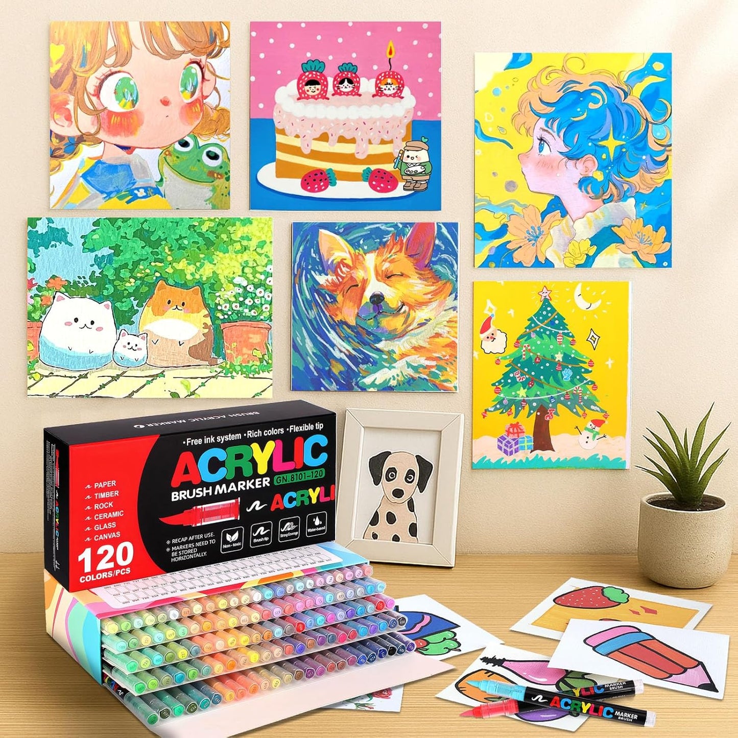 120 Acrylic Paint Markers, Soft Brush Tip Acrylic Markers for Rock Painting, Wood, Stone, Glass, Canvas, Fabric, Ceramic - Brush Tip Water Based Pens