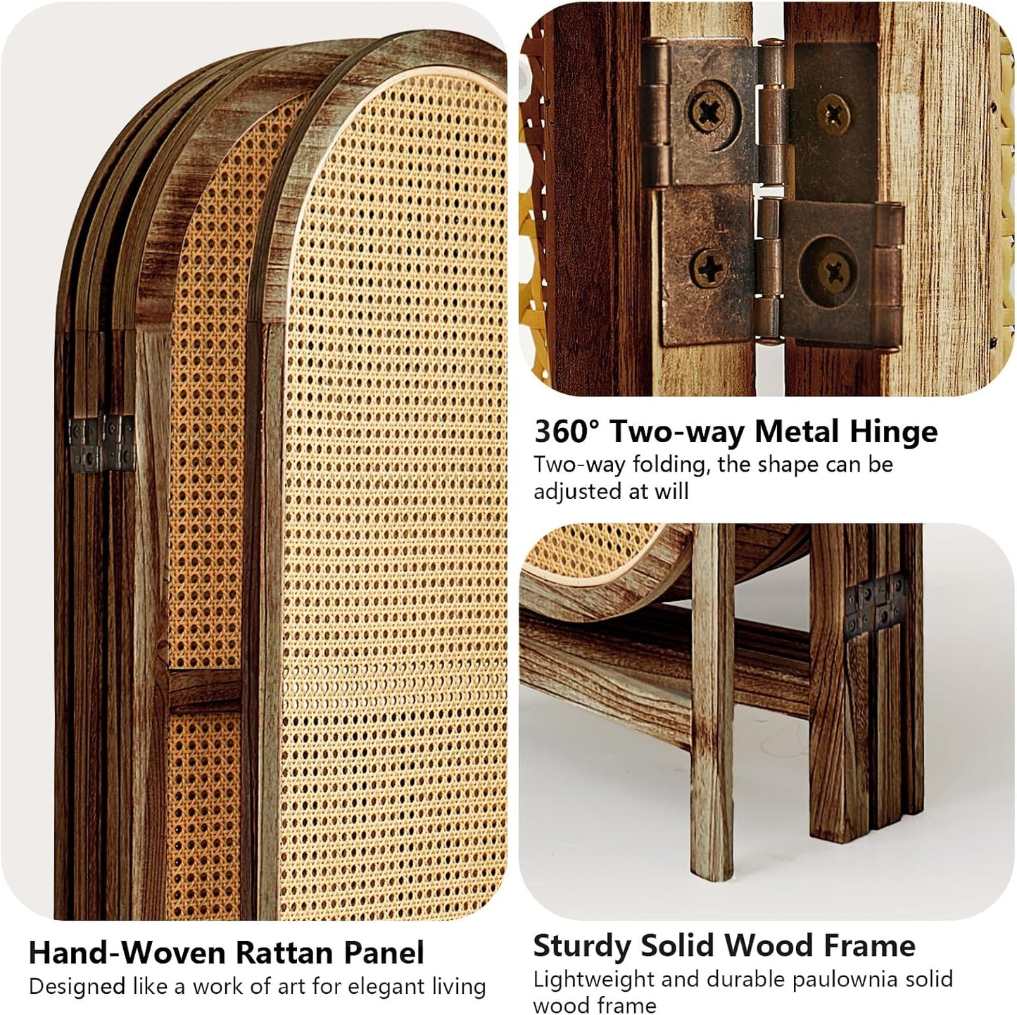 6 Panel Room Divider, Hand-Woven Rattan Room Divider Screen, Folding Privacy Screens with Double Hinges, Wooden Freestanding Wall Divider for Room Separation Bedroom Home Office - Brown