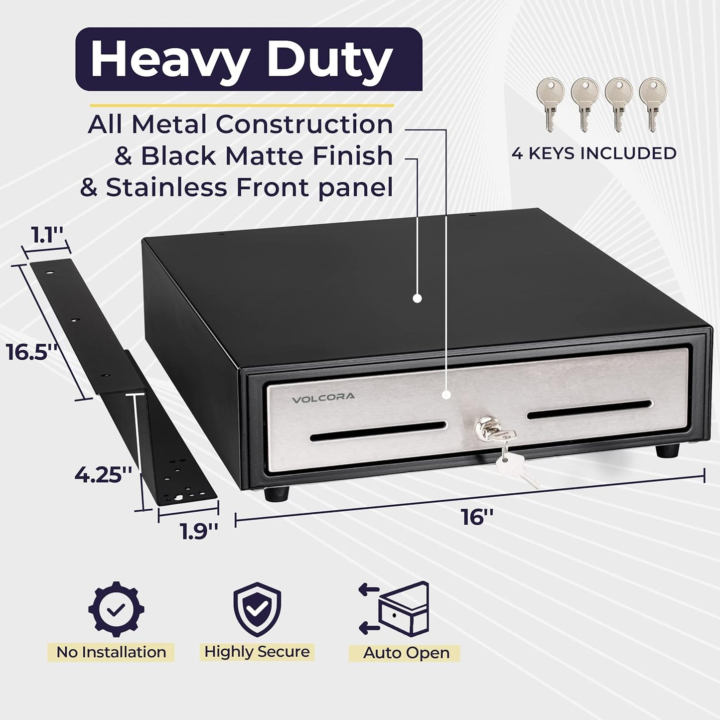 Volcora Cash Register Drawer with Under Counter Mounting Bracket- 16" Black/Stainless Steel Front Drawer for POS, Fully Removable 2 Tier Cash Tray 5 Bill 8 Coin Compartment 24V RJ11/RJ12 Key-Lock