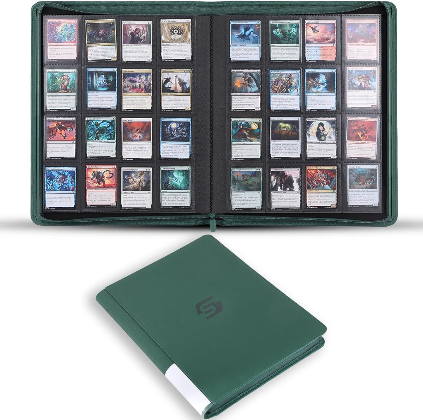 Snekdy premium 1024-pocket trading card binder, 16-pocket cards album, waterproof PU-leather Cover album with side loading, holds gaming, baseball, basketball & sports cards Green