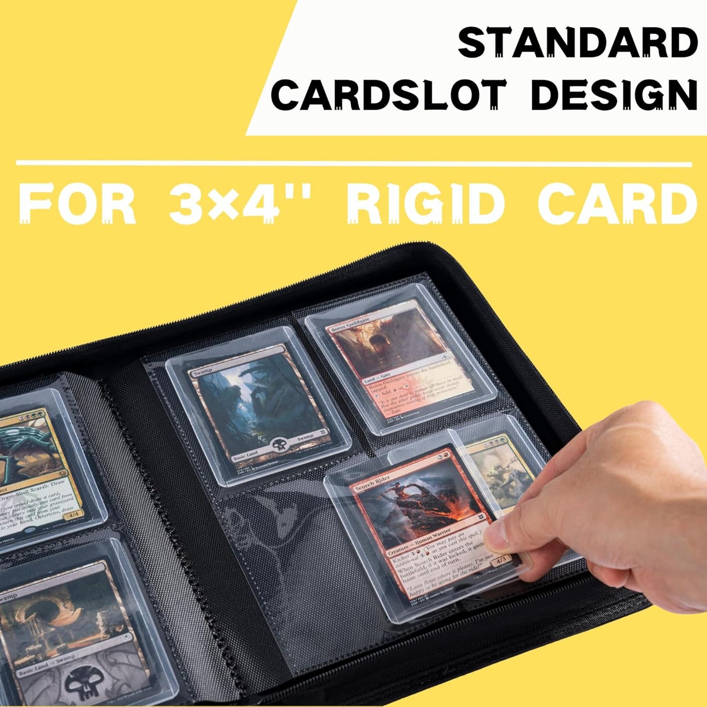 Toploader Binder, Holds 128+ Toploaders, 4 Pocket Top Loader Card Storage Case, Double-Sided Pockets for trading card in 3 x 4'' Toploaders (Yellow)