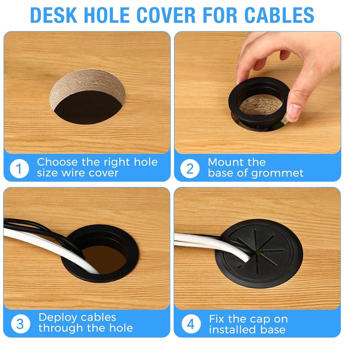 Desk Grommet 2-3/8" (60 mm), Desk Hole Cover for Cables White and Black, Cable Grommet ABS Plastic, Desk Hole Grommet for Office and Home Table Cable, Flexible Cable Cord Organizer-2 Pcs