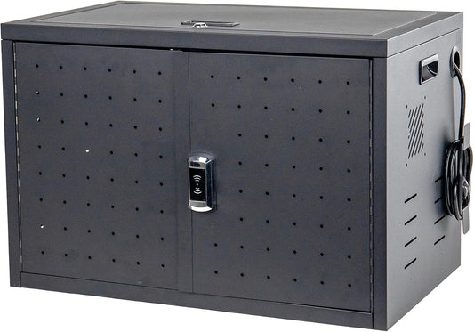 Pearington 16 Device Portable Table Top Charging and Storage Cabinet for iPads, Chromebooks and Laptop Computers, Up to 17-inch Screen Size, Bonus Shelf, Side Handles, Locking Front Door, Cable Clips