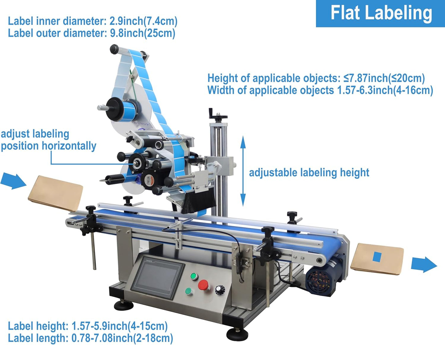 TECHTONGDA Automatic Flat Labeling Machine with Conveyor Label Tape Label Dispenser Width 1.57-5.9inch Label Length 0.78-7.08inch