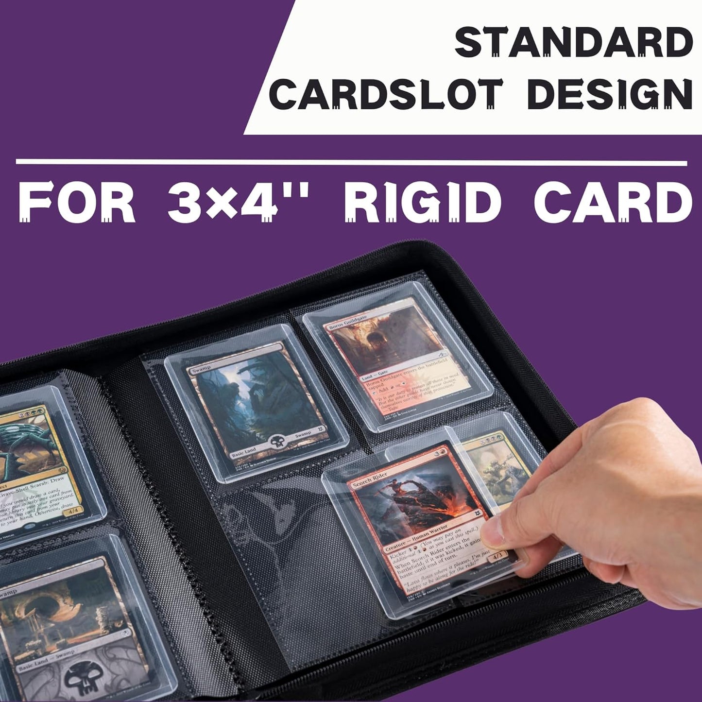 Toploader Binder, Holds 128+ Toploaders, 4 Pocket Top Loader Card Storage Case, Double-Sided Pockets for trading card in 3 x 4'' Toploaders (Pueple)