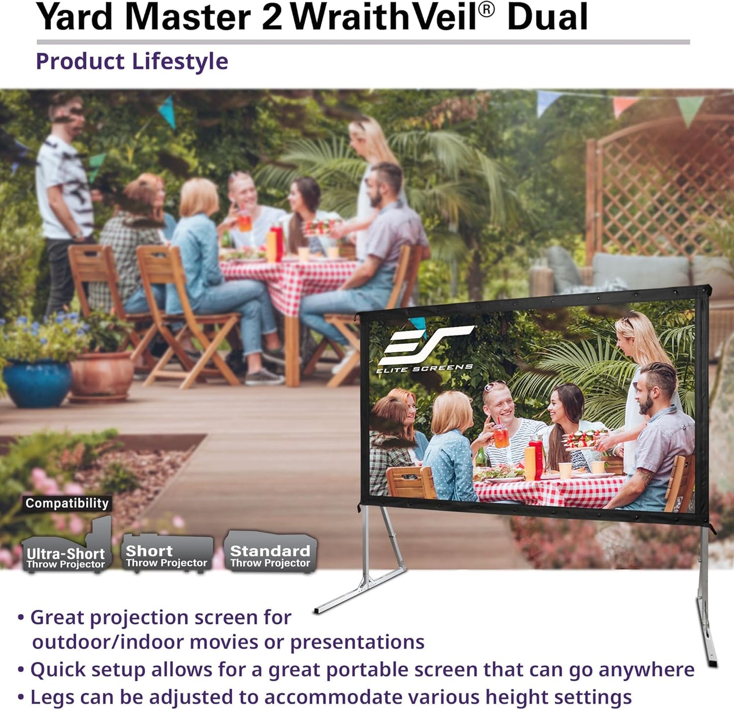 Elite Screens Yard Master 2 DUAL Projector Screen, 150-INCH 16:9, Front and Rear 4K/8K Ultra HD, Active 3D, HDR Ready Projection, OMS150H2-DUAL