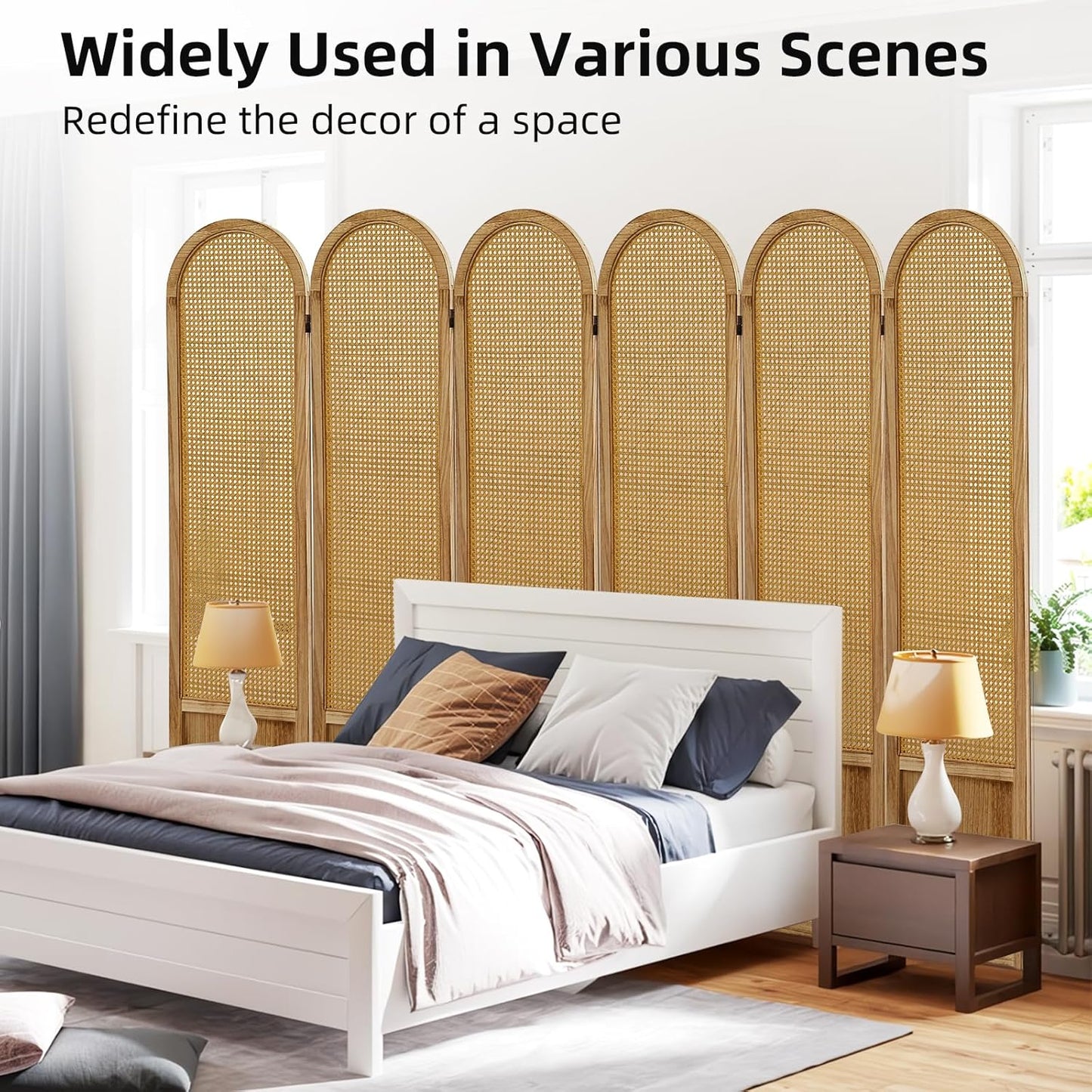 6 Panel Room Divider and Folding Privacy Screen, 5.6 Ft Foldable Double Hinged Rattan Partition, Hand-Woven Rattan Room Divider Portable Wood Freestanding Wall Divider for Room Separation - Natural