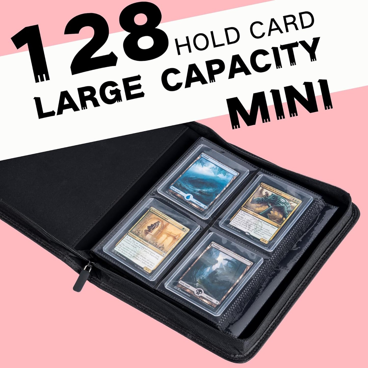 Toploader Binder, Holds 128+ Toploaders, 4 Pocket Top Loader Card Storage Case, Double-Sided Pockets for trading card in 3 x 4'' Toploaders（Pink）