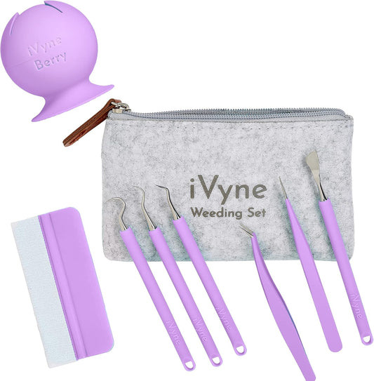 iVyne (8pcs) Premium Vinyl Weeding Tool Kit & Weeding Scrap Collector Soft Grip Tools with Berry, Weeder, Tweezers, Picker Or Hook, and Scraper Set for Silhouette Cameos & Cricut - Purple