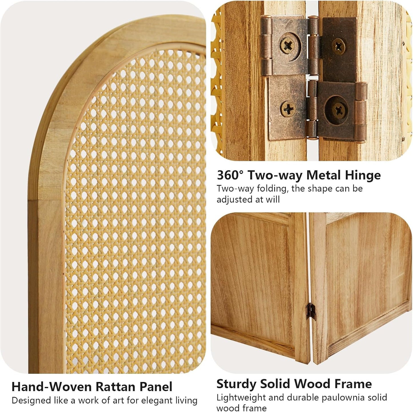 4 Panel Room Divider and Folding Privacy Screen, 5.6 Ft Foldable Double Hinged Rattan Partition, Hand-Woven Rattan Room Divider Portable Wood Freestanding Wall Divider for Room Separation - Natural