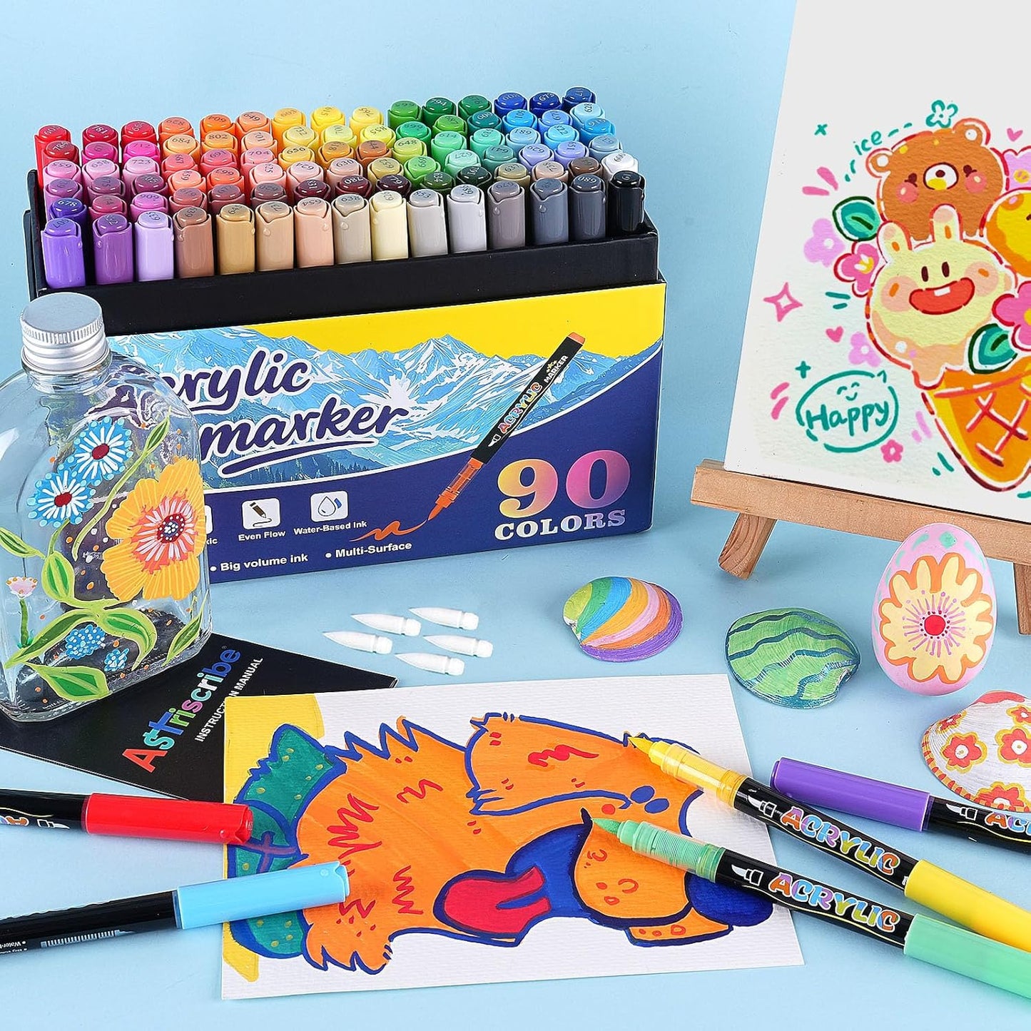 90 Colors Acrylic Paint Pens Markers, No-Bleed Brush Tip Acrylic Markers with Automatic Ink Control System, for Stone, Wood, Canvas, Ceramic, Glass, Metal, Rock Painting, DIY Crafts Art Supplies Kit