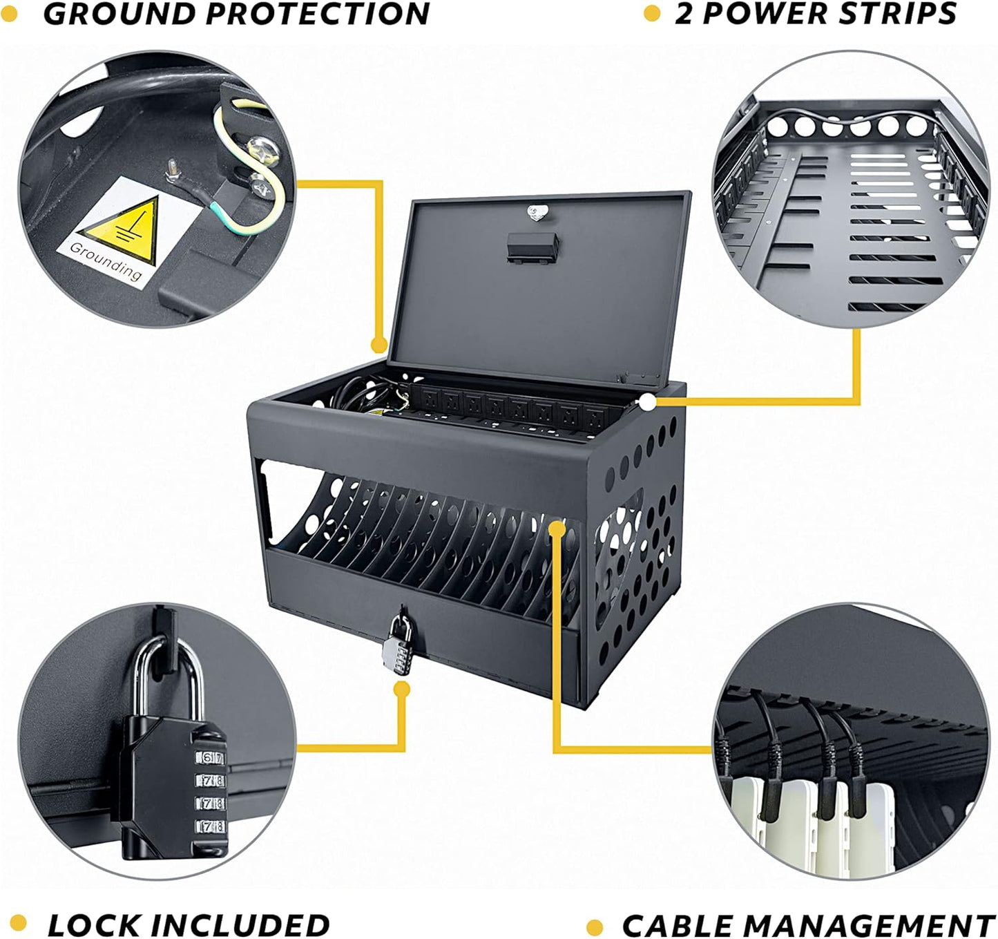 16-Device Charging Station for Chromebooks - Locking Charging Cabinet with Cable Management, Charger Storage, and Lock Included - Fits 14'' Screensize and 1.2'' Thick Tablets (Black)
