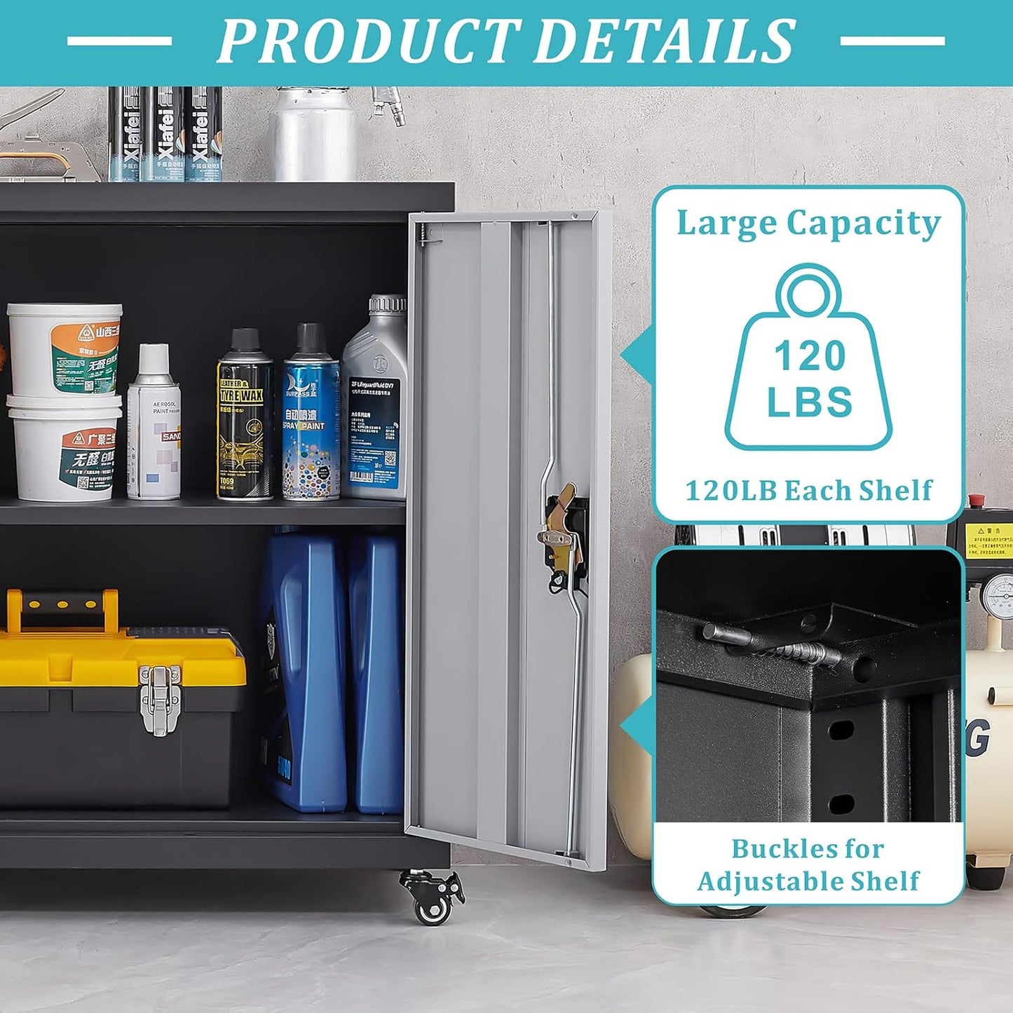 GREATMEET Metal Storage Cabinet with Locking Doors and Wheels,Garage Cabinet with Shelves for Home Office, Gym, School,Black+Grey