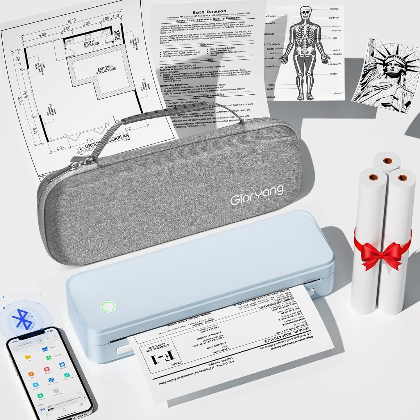 여행용 잉크리스 휴대용 프린터, 무선 열전사 프린터, 21.6 x 27.9cm(8.5 x 11인치) 미국 레터 사이즈 지원, 블루투스 기계는 휴대용 케이스와 감열지 키트 3롤 포함, 블루