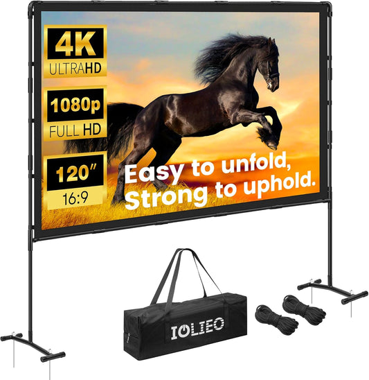Projector Screen with Stand, 120 Inch, 16:9 Outdoor Portable Screen, Unique Retractable Design for Yard,Patio,Camping,Night Party,Office, School Indoor Use, Washable Fordable White Screen by IOLIEO