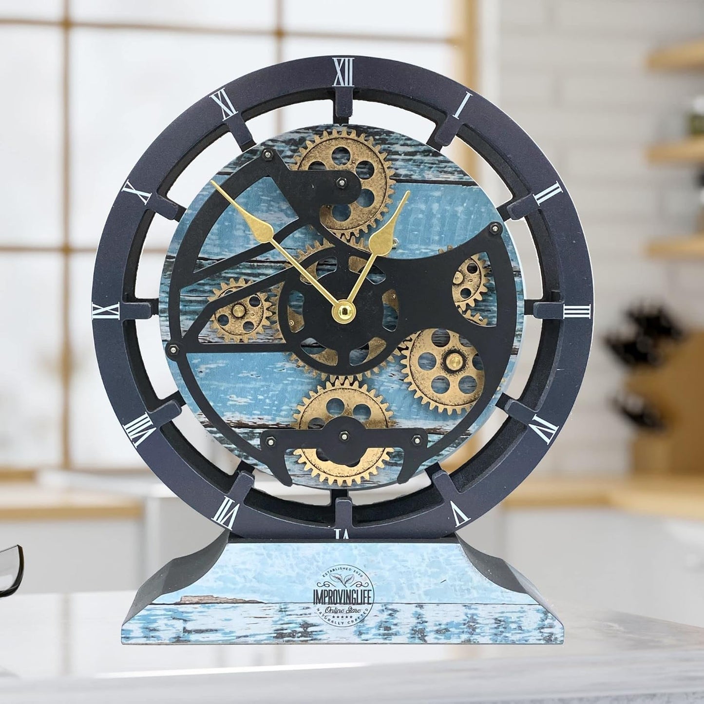 The Gears Clock Desk Clock 10 inches with Real Moving Gears Convertible into Wall Clock (Aqua Green)
