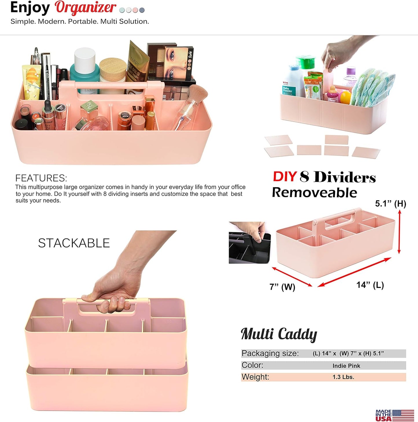 -Large Portable Caddy, DIY Dividers, 8 Compartments, Basket with Handle Storage Organizer Modern Made in USA (6 PACK, Indie Pink)