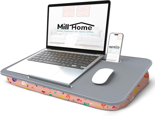 Lap Desk | Portable Laptop Desk – Fits Up to 17.3" Laptops – Detachable & Washable Cushion, Phone Holder, Device Ledge – for Writing, Working, Reading on Bed, Couch, Sofa, Floor – Millhome -Peach Pink