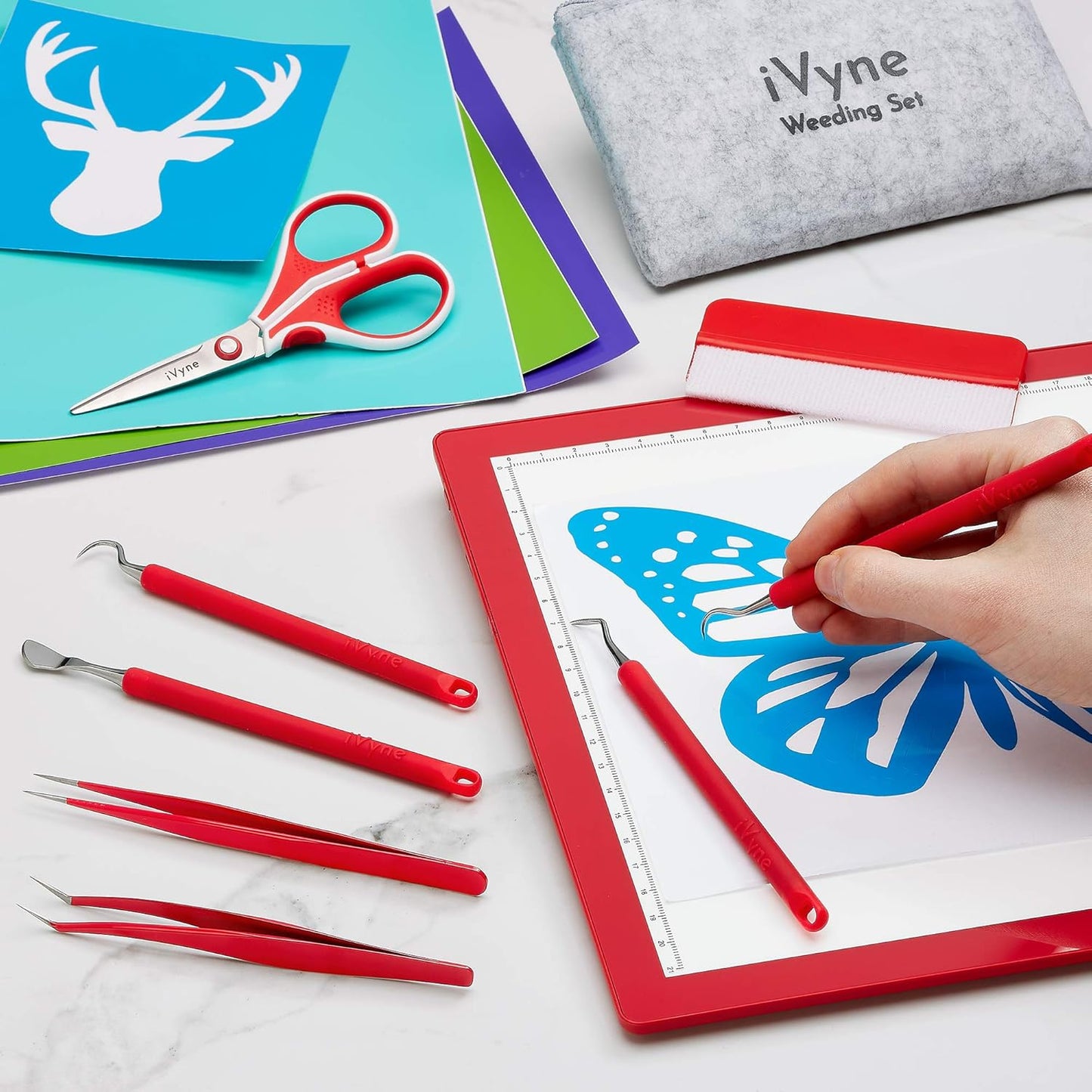 iVyne (8pcs) Berry Essentials Silicone Vinyl Weeding Tool Kit Soft Grip Weeding Tools for Vinyl with Weeder, Tweezers, Picker, Scissors and Scraper Set for Silhouette Cameos and Cricut Craft (Red)