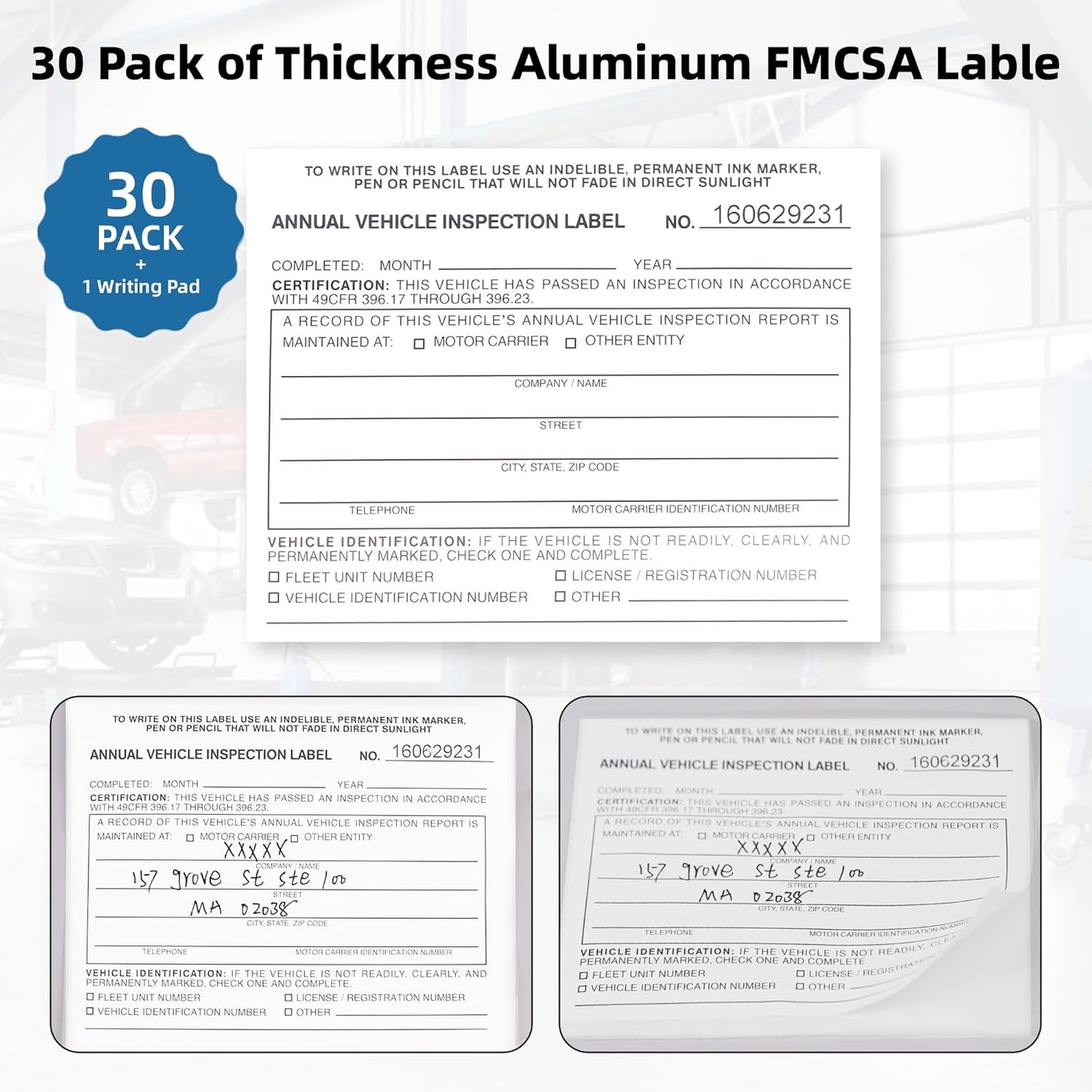 30-Pack Annual Vehicle Inspection Report Form, 3-Ply Carbonless Form and Hardboard, Includes 30-Pk 2-Ply FMCSA Vinyl Adhesive Label for Annual Inspections, DOT Compliant