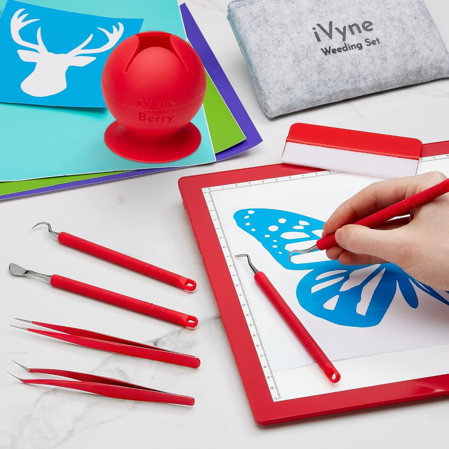 iVyne (8pcs) Premium Vinyl Weeding Tool Kit & Weeding Scrap Collector Soft Grip Tools with Berry, Weeder, Tweezers, Picker Or Hook, and Scraper Set for Silhouette Cameos & Cricut - Red