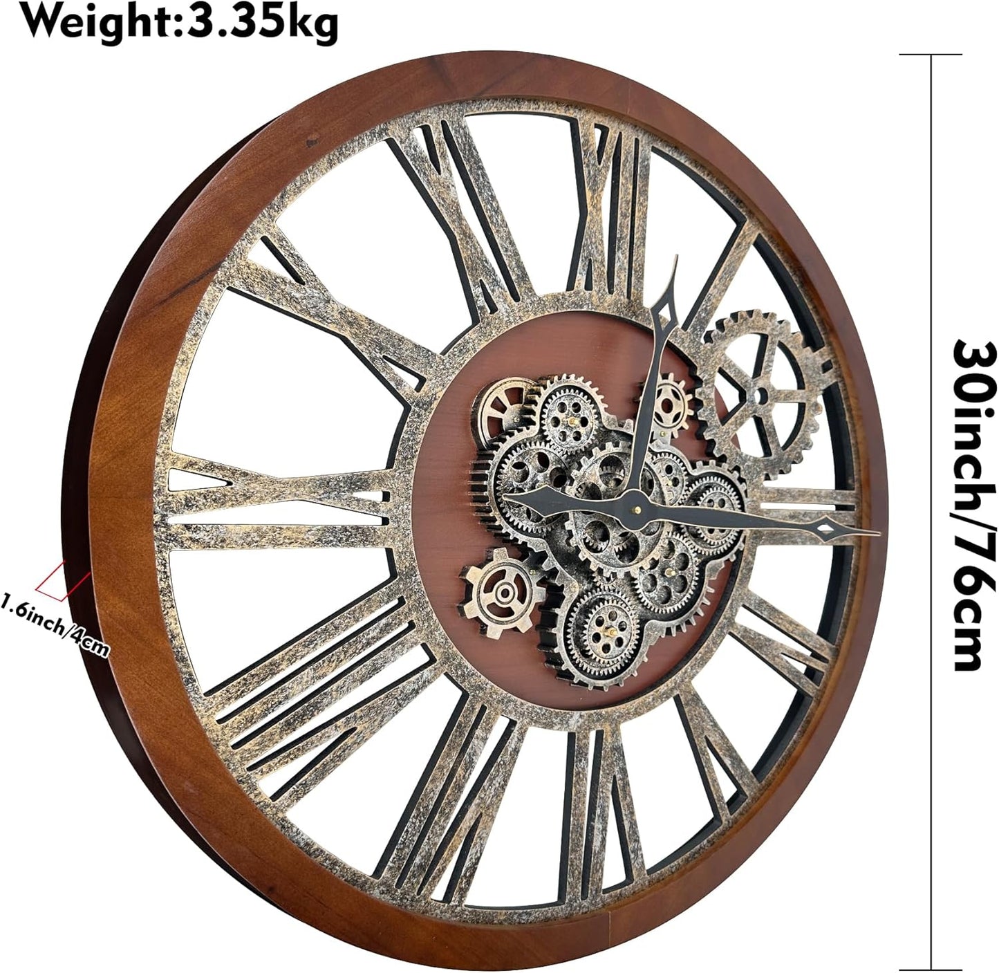 The B-Style Large Real Moving Gears Wall Clock 30 inch Rustic Retro Industrial Farmhouse Wood Clock Oversized Decorative Vintage Wall Clocks for Living Room (Walunt Wood and Bronze)