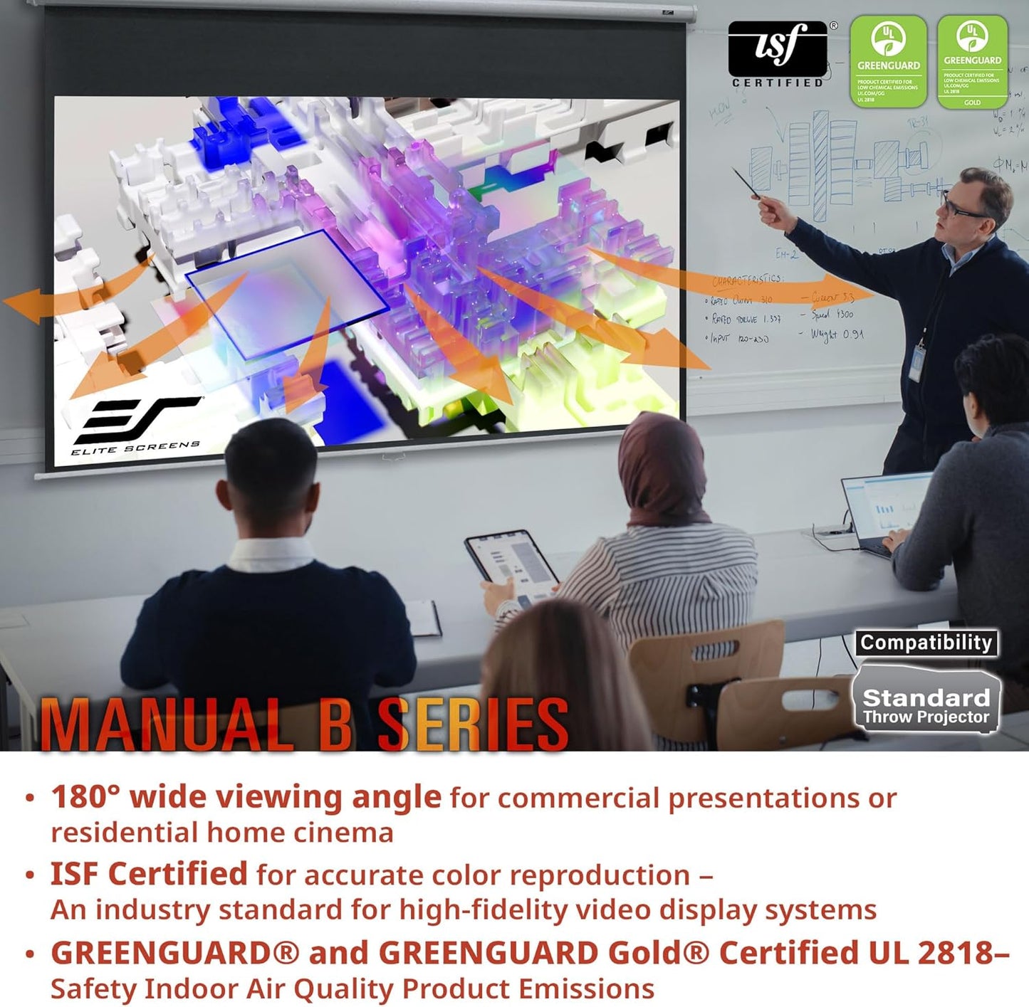 Elite Screens Manual B, 80-INCH Manual Pull Down Projector Screen 4K/8K Home Theater Movie Gaming Projection Screen, M80H