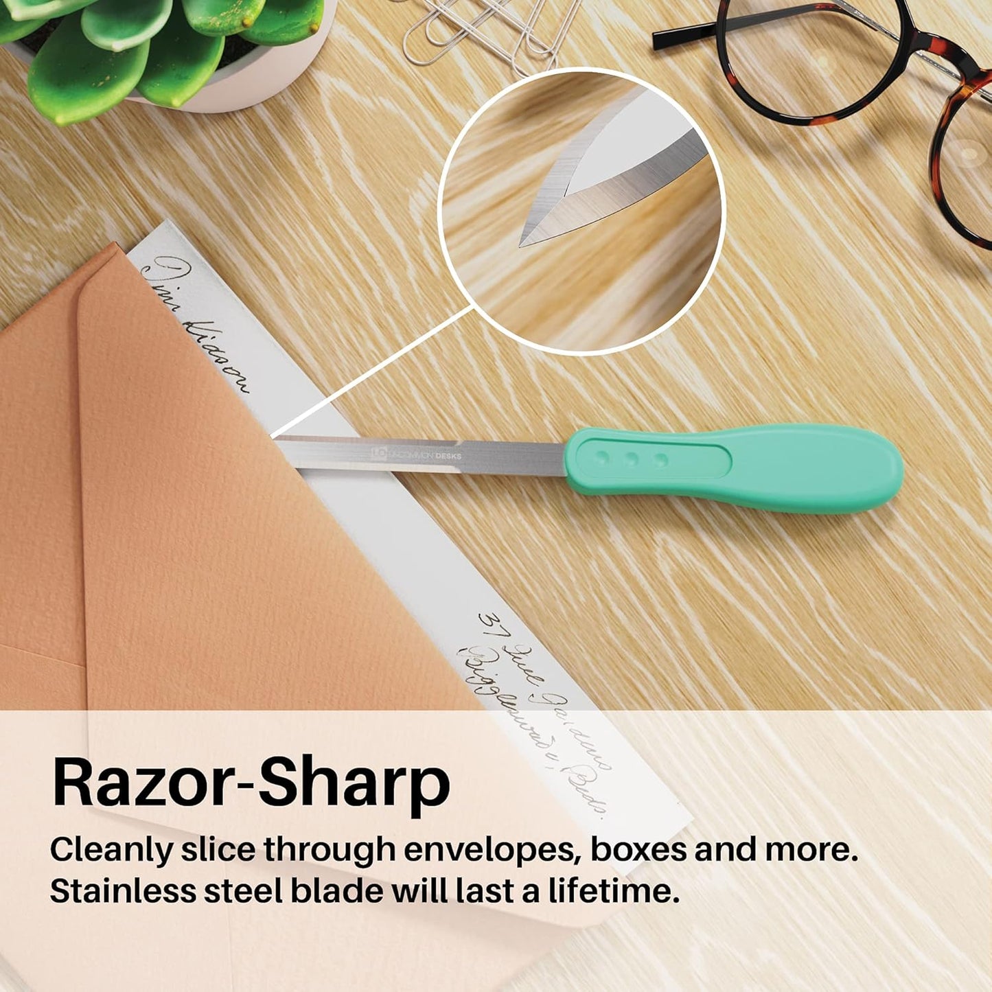 Uncommon Desks Office Letter Opener - Stainless Steel Knife-Edge Blade, Ergonomic Grip Handle (Mint Green, 3 Pieces)