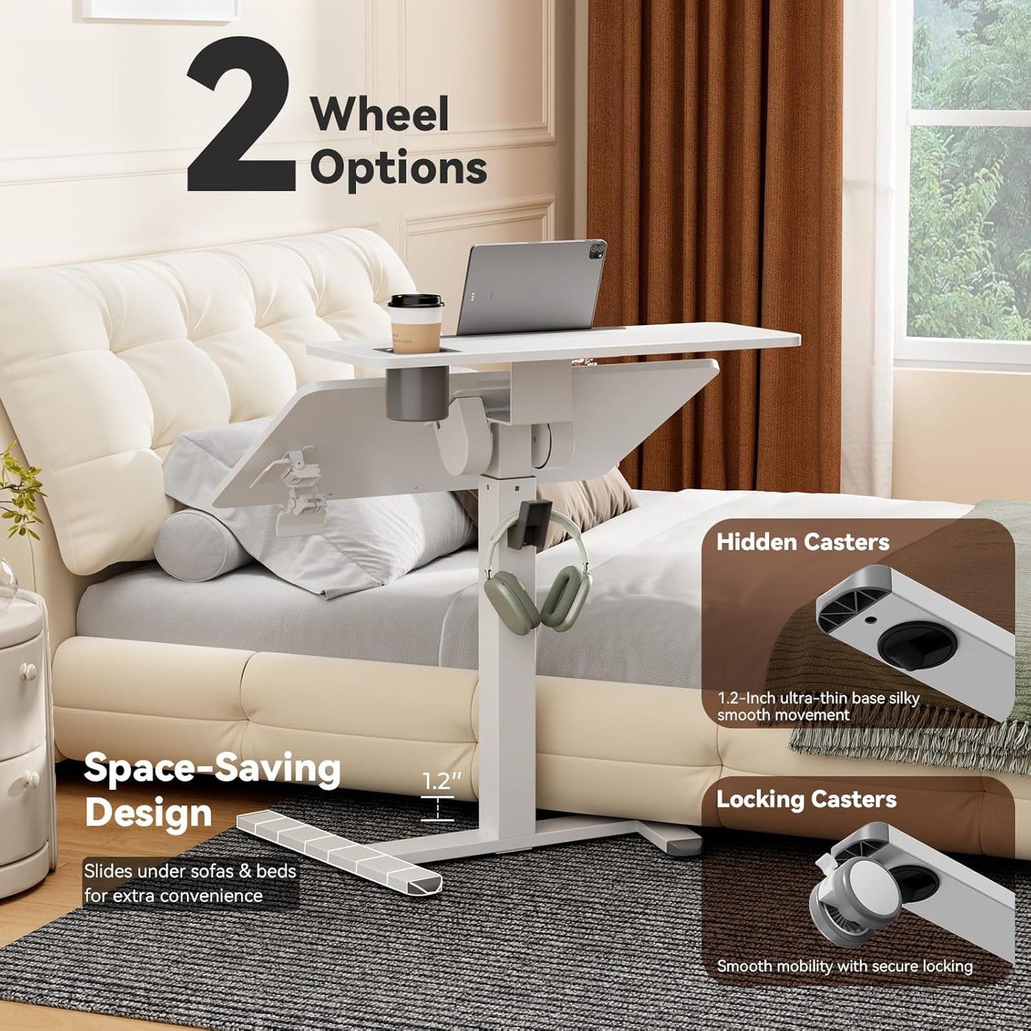 28Inch Mobile Standing Desk On Wheels， Rolling Laptop Stand with Tiltable Desktop， Small Computer Workstation Adjustable Height， 2-Tier Portable Study Table with Storage Shelves， White