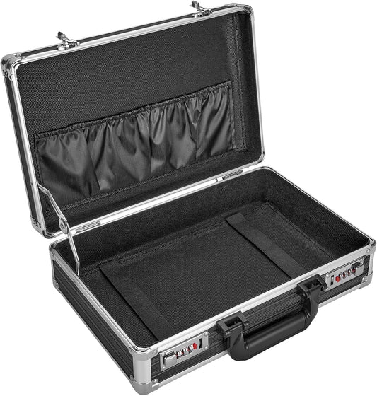 Medium Portable Locking Storage Totes - 14.2 x 9.8 x 4.5 Inch, Black, Modern Aluminum Storage Box with Dual Combination Locks