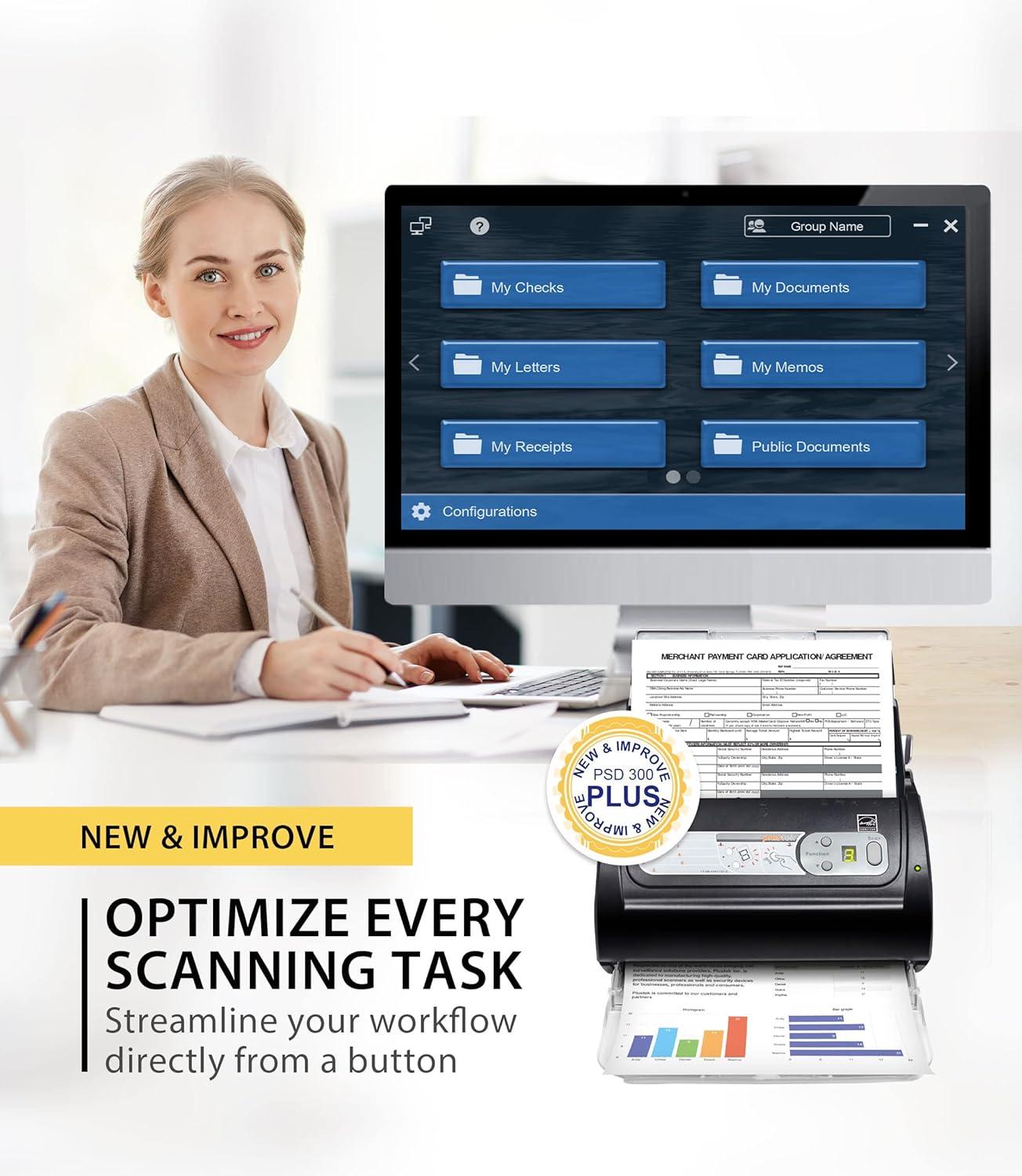 Plustek PSD300 Plus Document Scanner with ADF, Directly scan to Cloud, SharePoint, Office 365 and Built-in Barcode Recognition Function