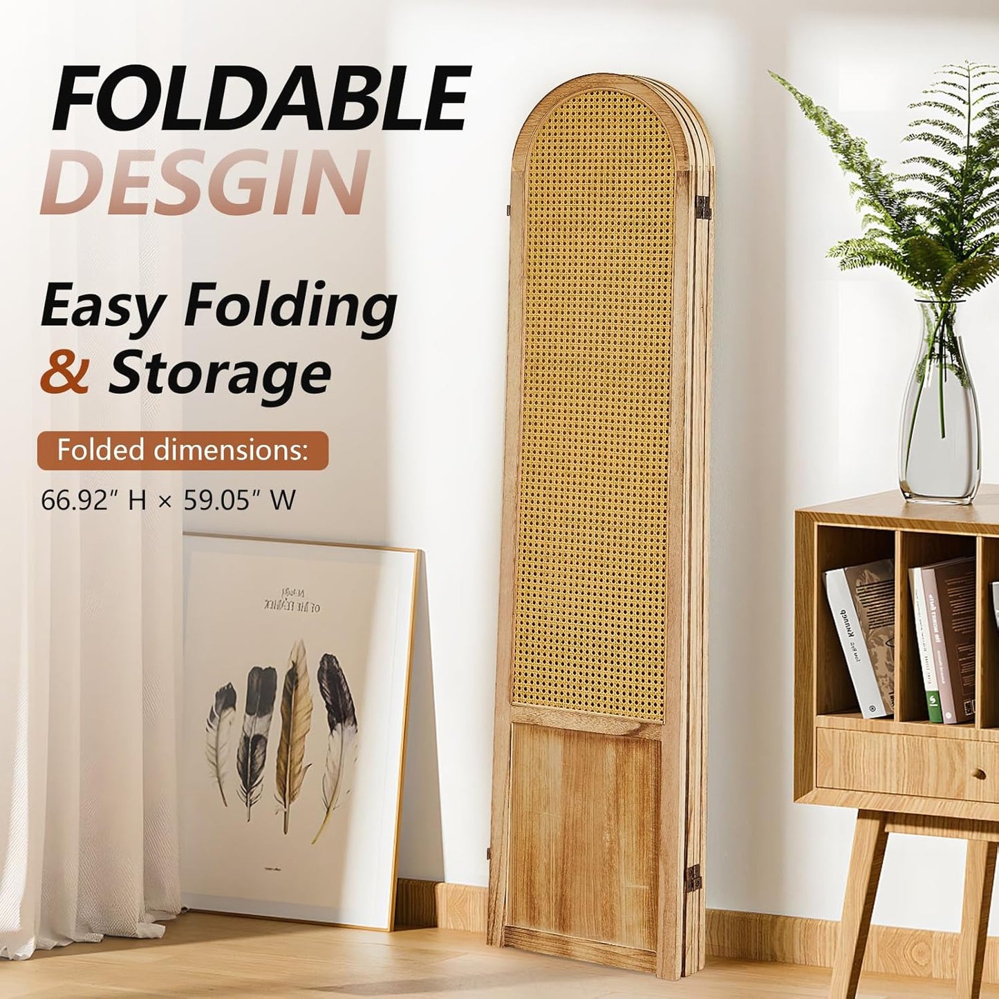 4 Panel Room Divider and Folding Privacy Screen, 5.6 Ft Foldable Double Hinged Rattan Partition, Hand-Woven Rattan Room Divider Portable Wood Freestanding Wall Divider for Room Separation - Natural