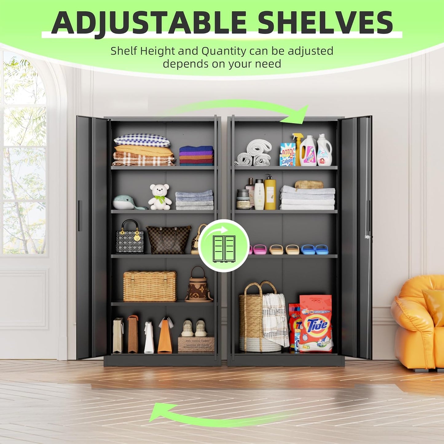 SUNCROWN 72" Metal Storage Cabinet - Heavy-Duty Metal Garage Cabinet with 4 Adjustable Shelves & 2 Doors for Tools, Office, Home, Workshop,Black-Small