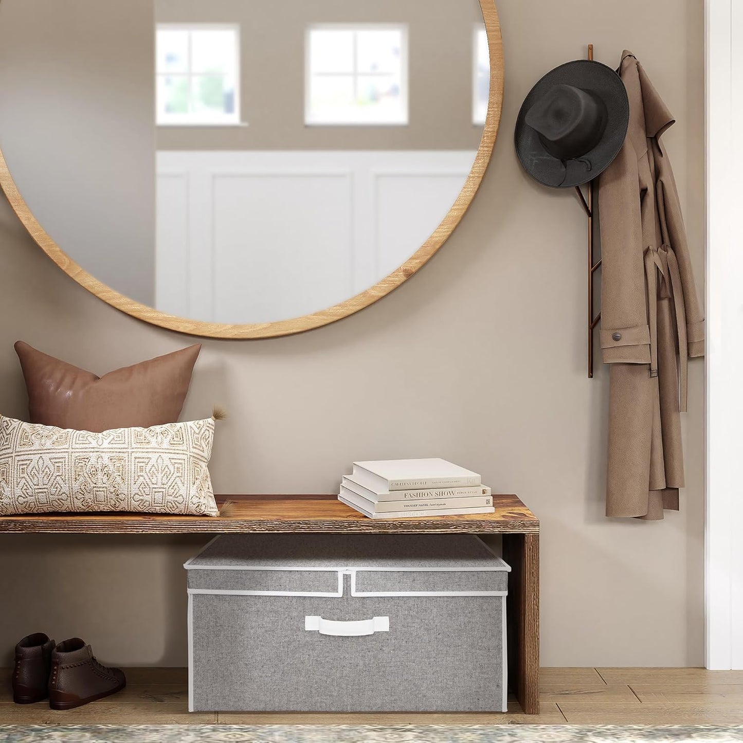 StorageWorks Extra Large Storage Bins with Lids, 55L Decorative Organizer with Divider Board, Fabric Boxes with Handles, Gray, 2-Pack