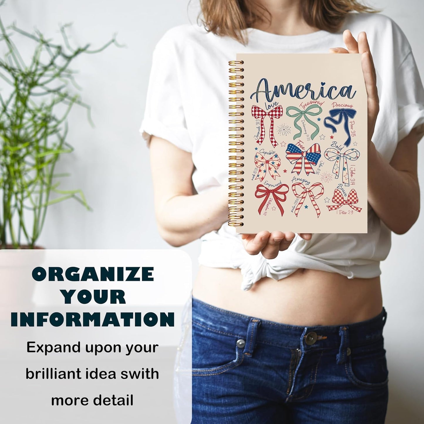 BearCake America Patriotic Christian Notebook Journal, Retro Coquette Red White Blue Bow Prayer Journal for Women, 4th of July Bow Religious Hardcover Spiral Notebook 5.5x8.3