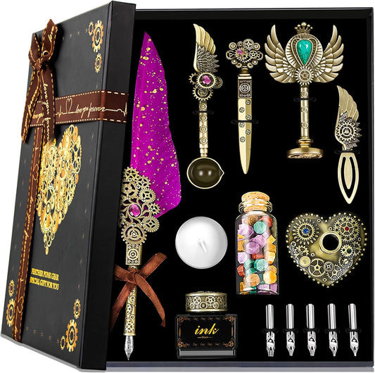 Aifeiter Feather Quill Pen Ink Set - Calligraphy Set, Wax Seal Stamp, Purple Ink, Beautiful Gift, Christmas Gifts